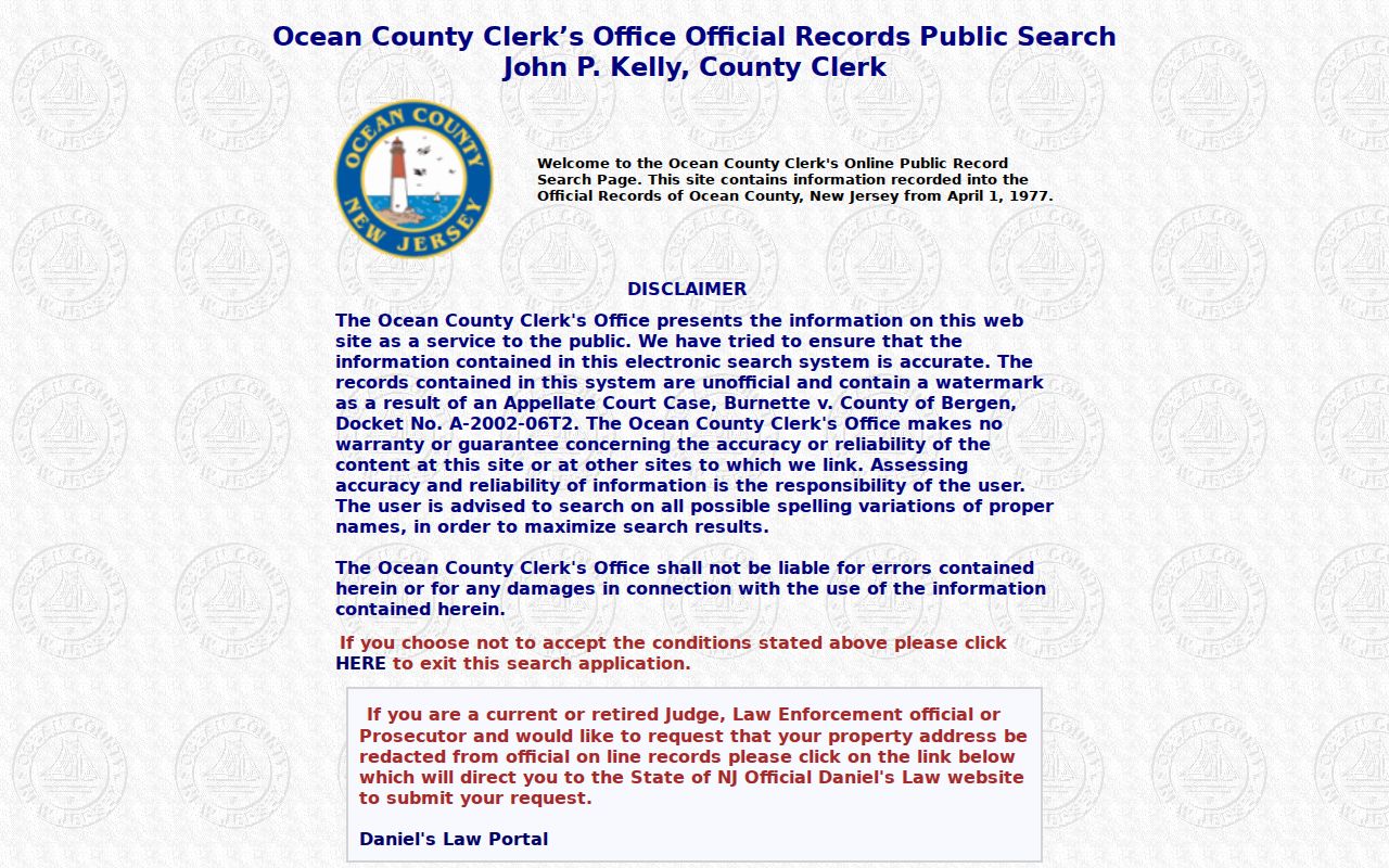 Stafford Township street directory view of the Ocean County Clerk deed-index search fields